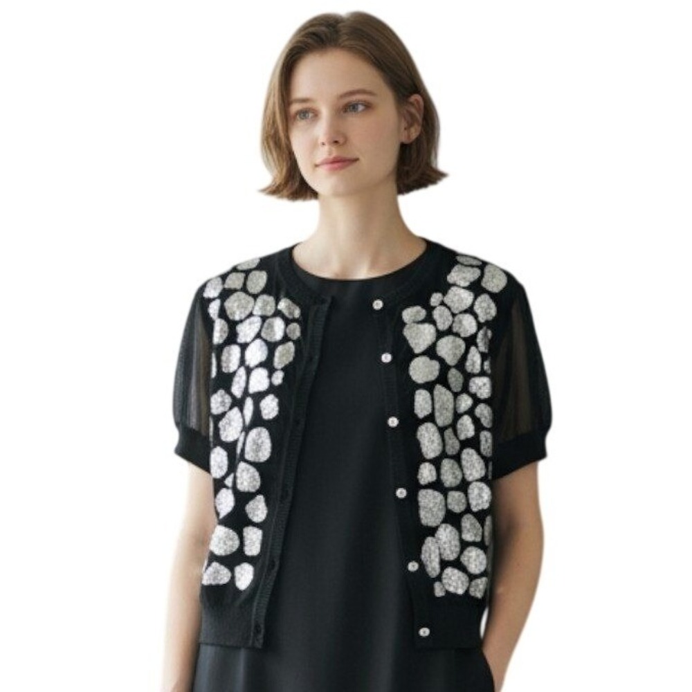 Michael Simon Womens Black Cardigan Sweater Sequin Cheetah Spots Sheer Sleeves M